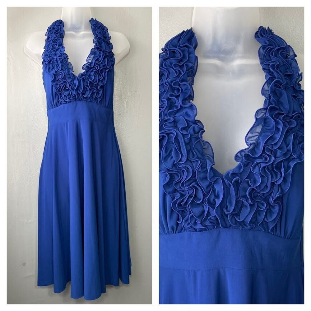 Blue Midi Halter Dress Size 4 Stretch Chic Ruffled Fairy Dopamine Vibrant Siren